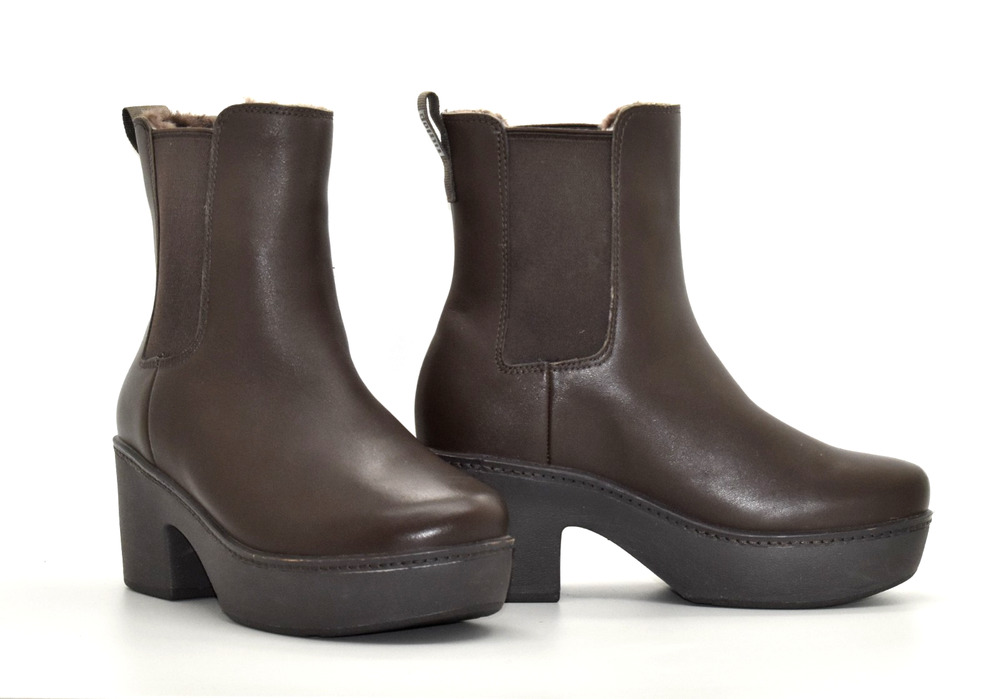 B0 NEW FITFLOP Brown Leather Faux Fur Lining Platform Chelsea Boot Shoes Size 36
